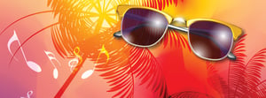 sun glasses with a sunny palm tree background and musical notes