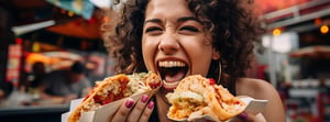 a woman holding two street tacos getting ready to eat them